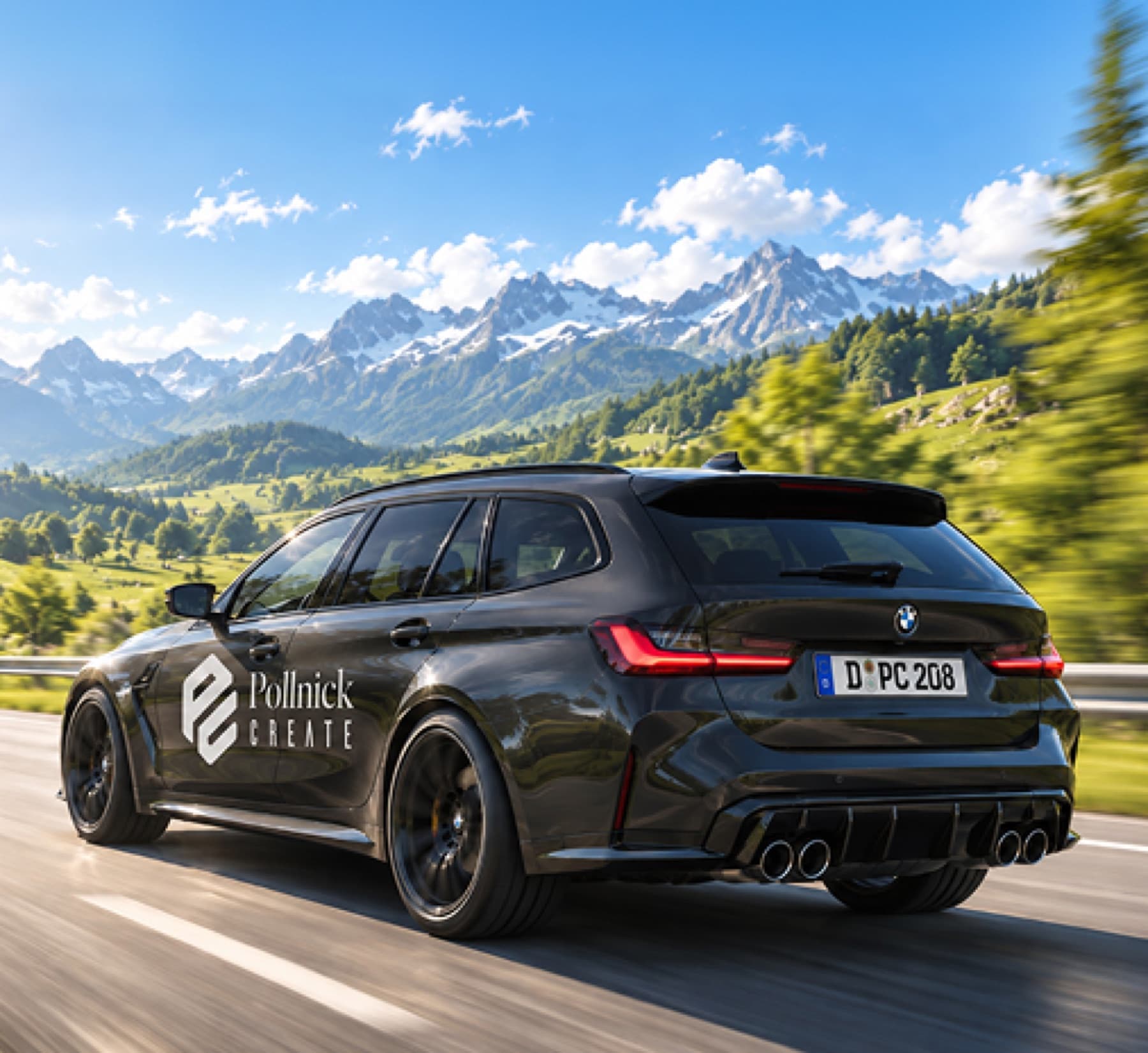 Fahrzeug mit Pollnick-Create-Branding auf einer Bergstraße